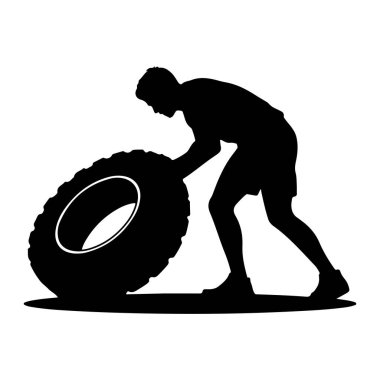 Siyah silueti olan atletik giysili bir adamın büyük bir lastiği patlattığı gösterilir. Eğiliyor, elleri lastiği kavrıyor, ve vücudu kuvvet uygulamaya hazır. Lastik, desenli bir lastik ile ağır ve sağlam olarak tasvir edilmiştir. Sahne