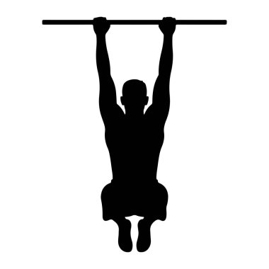 Yatay bir çubuğa asılı siyah bir siluet. Kişinin kolları yukarı doğru uzanıyor, çıtayı kavrıyor ve bacakları dizlerinden bükülüyor. Siluet beyaz bir arkaplan karşısında durmaktadır, formu ve eylemi vurgular..
