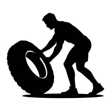 Profilde siyah siluet bir adam görülüyor, büyük bir lastiği devirmekle meşgul. Öne eğiliyor, iki eliyle lastiği kavrıyor ve çabalıyor. Vücudu dinamik bir pozisyonda, bu da güçlü bir hareketi işaret ediyor. Evet.
