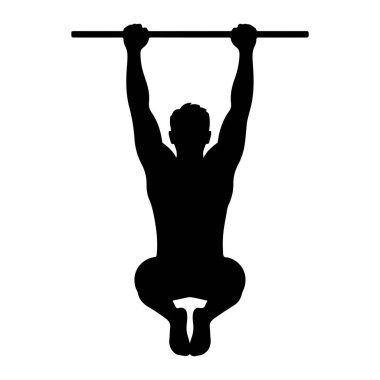 Siyah bir siluet, kolları yukarı doğru uzanmış ve bacakları bükülmüş yatay bir çubuğa asılı bir adam. Resim beyaz bir arkaplanda izole edilmiştir.