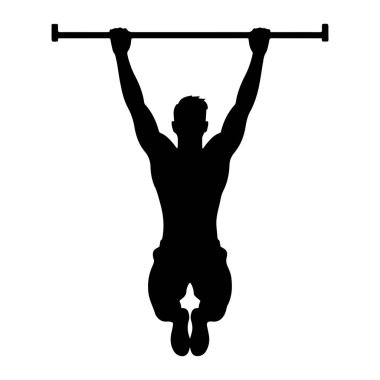 Yatay bir çubukta sallanan kaslı bir adamın siyah silueti. Kolları yukarı doğru uzanıyor, çıtayı kavrıyor, ve bacakları dizlerinin üzerine çökmüş, aşağıya doğru sarkıyor. Arkaplan düz beyaz.