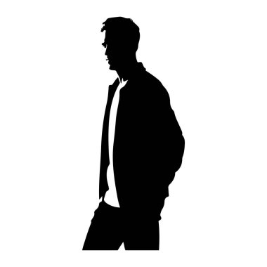 Bir adamın siyah silueti beyaz bir arkaplanda tasvir edilir. O bir gömleğin üzerine bir ceket giyiyor. Elleri görünmüyor, bu da cebinde ya da arkasında olduğunu gösterir. Siluet temiz ve keskindir. 