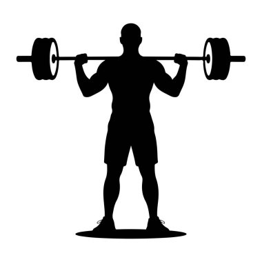 Kaslı bir adamın siyah silueti ayakta duruyor ve omuzlarında bir halter tutuyor. O şort ve spor ayakkabıları giyiyor. Resim beyaz bir arkaplanda izole edilmiştir.