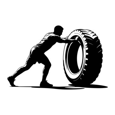 Büyük bir lastiği iten bir adamın siyah silüeti. O, elleri ile lastiğe yaslanıyor, vücudu güçlü bir duruş içinde öne dönük. Bacakları bükülmüş ve arka ayağı yerden kalkıyor. Lastik büyük ve desenli, prominenle.