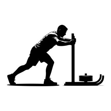 Ağırlıklı bir kızağı iten bir adamın siyah silueti. Adam şort ve tişört giyiyor, vücudu öne eğik ve elleri kızağın saplarını tutuyor. Kızağın ağırlıkları ve kıvrımlı koşucuları var. Görüntü simsiyah ve... 