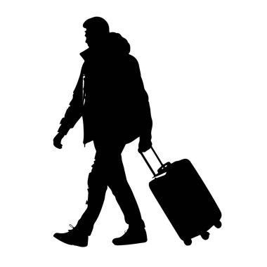 Soldan sağa doğru yürüyen siyah bir siluet. Kapüşonlu ceket ve pantolon giyiyor ve tekerlekli bavulu sapından çekiyor. Bavul ve figür beyaz bir arkaplanda izole edilmiştir..
