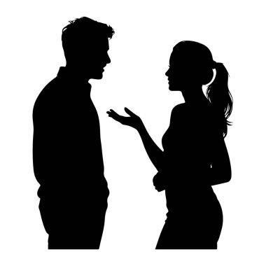 Siyah bir siluet. Bir adam ve bir kadın yüz yüze konuşuyorlar. Adam solda, kadına doğru bakıyor. Kadın sağ tarafta, elini kaldırmış sanki konuşuyor ya da el kol hareketi yapıyor gibi. Profilleri açıkça belirtilmiş. 