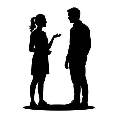 Siyah bir siluet. Bir adam ve bir kadın yüz yüze konuşuyorlar. Kadın solda, saçları at kuyruklu, elbise ve spor ayakkabı giyiyor. O, konuşurken eliyle işaret ediyor. Sağdaki adam, giyinik.