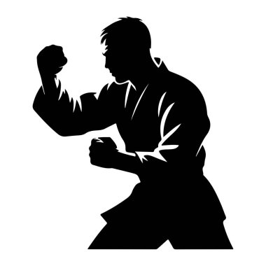 Beyaz bir arka plana karşı dinamik bir dövüş duruşu içinde olan erkek bir dövüş sanatçısı silueti. Bu figür göğüsten yukarıya doğru tasvir edilmiş, kollar savunmacı veya saldırgan bir duruşla kaldırılmış, yumruklar sıkılmış. Biçimlendirme biçimi,