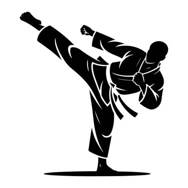 Bir dövüş sanatçısının siyah silueti, hareketin ortasında, yüksek bir tekme atıyor. Kemerli geleneksel bir üniforma giyen figür, dinamik ve güçlü bir duruş sergiliyor, hareket ve disiplin taşıyor. Bu çizim keskin çizgilerle biçimlendirilmiş.