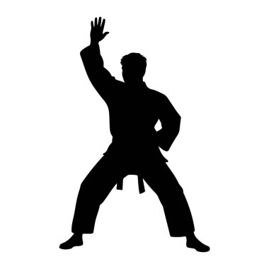 Dövüş sanatları üniformalı bir kişinin siyah silueti, muhtemelen bir gi, bacakları açık ve düşük bir duruşta duruyor. Bir kolu avuç içi açık bir şekilde dikey olarak yükselirken, diğer kolu dirseğinde bükülür ve eli kalçasında olur. Bir kemer görünür.