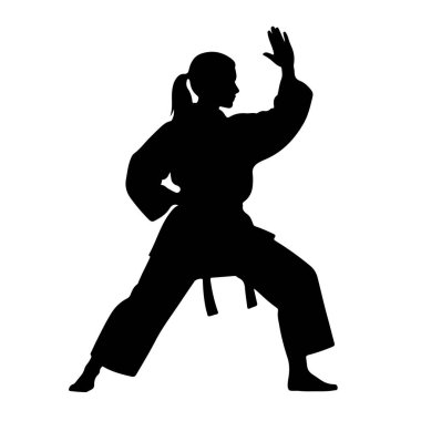 Kemer de dahil olmak üzere, dövüş sanatları üniformalı bir kadının siyah silueti dinamik bir duruşta resmedilmiştir. Sağ kolu açık bir avuç içi ile kaldırılır, sol kolu bükülür ve vücuduna daha yakın tutulur. Bacakları geniş ve kararlı bir konumda.