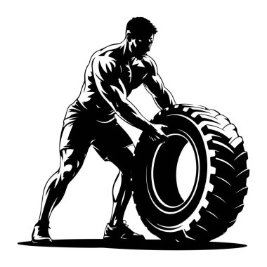 Siyah ve beyaz bir çizim, siluette büyük, ağır bir tekerleği deviren kaslı bir adamı tasvir ediyor. Vücudu çabayla gergin, ışığın ve gölgenin katıksız kontrastı ile tanımlanan kaslar. O şort ve spor ayakkabıları giyiyor. Lastiğin derin bir izi var.