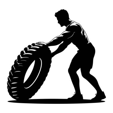 Kaslı bir adamın siyah silueti yandan gösteriliyor, yoğun bir şekilde odaklanıyor ve büyük, ağır bir lastiği itip çeviriyor. Kasları açıkça belirgindir. Gücünü ve kendini spora adadığını gösterir. Görüntü net ve net, vurgulu.