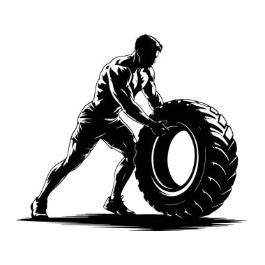 Atletik şortlu kaslı bir adamın siyah ve beyaz silueti, büyük, ağır bir lastiği iterken ve çevirirken yoğun bir şekilde odaklanmış bir şekilde yandan gösteriliyor. Kasları açıkça belirgindir, gücünü ve egzersizin içerdiği çabayı vurgular.