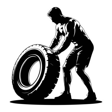 Kaslı bir adamın siyah silueti büyük, ağır bir lastiği çeviren tasvir edilir. Adamın profili gösteriliyor, vücudu açılı ve elleri lastiği kavrıyor. Kasları siluette açıkça belirlenmiş. Güç ve egzersiz hissi veriyor.