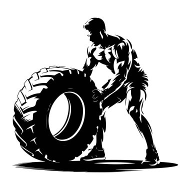 Atletik giysili kaslı bir adamın siyah beyaz silueti büyük bir lastiği çeviriyor. Vücudu, güçlü fiziğinin altını çizerek çabayla geriliyor. Görüntü, güç aktarımı için katıksız zıtlıklar ve keskin çizgiler kullanır.