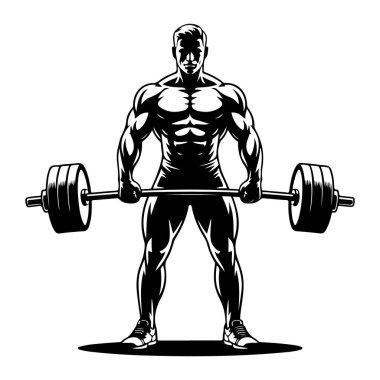 Siyah ve beyaz bir illüstrasyon, her iki tarafında ağırlıkları olan bir halteri ayakta ve elinde tutan kaslı bir adamı tasvir eder. Adam göğsünden aşağısı gösteriliyor, kolları açık ve elleri halteri tutuyor. Fiziği iyi tanımlanmış, gösterişli bir balo.