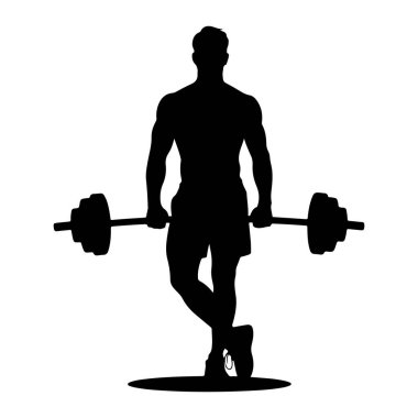 Kaslı bir adamın siyah bir silueti önünde duran bir halterle duruyor. Adam şort ve spor ayakkabısı giyiyor. Bacakları ayak bileklerinden çapraz ve dairesel bir zeminde duruyor. Arkaplan beyaz.
