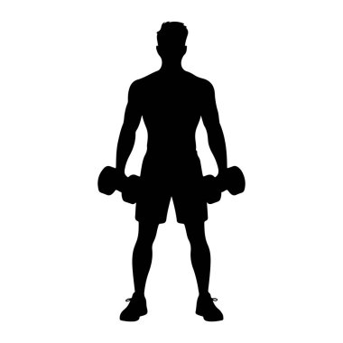 Kaslı bir adamın siyah silueti iki dambıl tutuyor. O şort ve spor ayakkabıları giyiyor. Arkaplan beyaz.