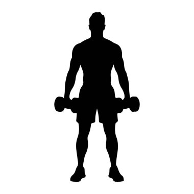 Kaslı bir adamın siyah bir silueti her iki elinde birer dambıl tutan iki dambıl gibi duruyor. O şort ve spor ayakkabıları giyiyor. Arkaplan beyaz.