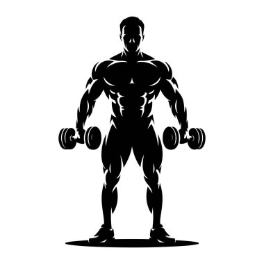 Kaslı bir adamın siyah silueti kolları yanlarında duruyor, her iki elinde de bir dambıl tutuyor. Şekil son derece tanımlı, göğüste, kollarda ve bacaklarda şekillendirilmiş kasları gösteriyor. Siluet, düz beyaz bir arkaplan üzerine kuruludur.