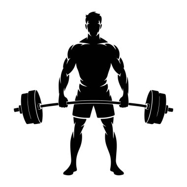 Kaslı bir adamın siyah silueti ayakta duruyor ve halterin her iki ucunda da ağırlık var. Adam şort giyiyor ve halterciye hazır gibi görünüyor. Arkaplan düz beyaz.