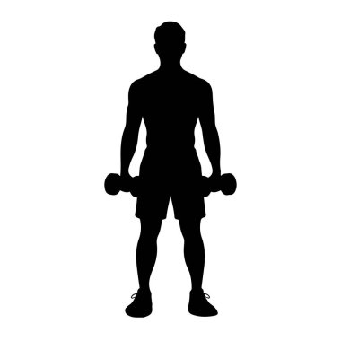 Kaslı bir adamın siyah silueti iki elinde de birer dambıl tutarak öne doğru bakıyor. O şort ve spor ayakkabıları giyiyor. Arkaplan beyaz.