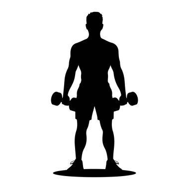 İki elinde dambıl tutan kaslı bir adamın siyah silueti. O şort ve spor ayakkabıları giyiyor. Arkaplan beyaz.