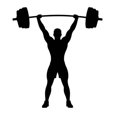 Kaslı bir adamın siyah silueti kolları yukarıda duruyor, her iki tarafında ağırlıkları olan bir halter tutuyor. Şekil dinamik bir pozda tasvir edilmiş, düz beyaz arka plana karşı güç ve atletizm sergiliyor..