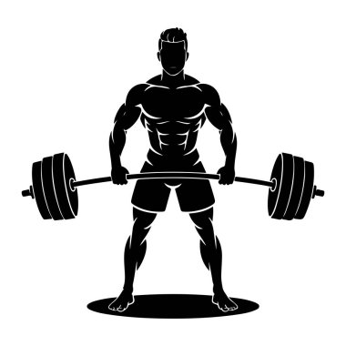 Ağırlıklarla dolu bir halterle duran kaslı bir adamın siyah silueti. Adam karın kaslarını ve kollarını tanımlamış, şort giyiyor. Ayakları çıplak ve koyu oval bir şekle sokulmuş. Arkaplan beyaz.