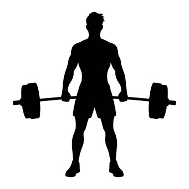 Kaslı bir adamın siyah silueti ayakta duruyor ve halteri her iki tarafında ağırlıklarla tutuyor. Adam şort ve spor ayakkabısı giyiyor. Arkaplan beyaz.