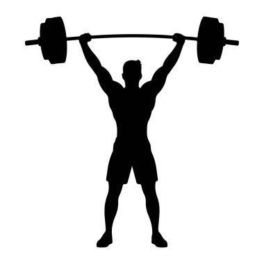 Kaslı bir adamın siyah bir silueti, bir halteri yukarı kaldırırken resmedilir. Adam şort giyiyor ve güçlü bir asansörün ortasında gibi görünüyor, kolları tamamen açık ve halter başının üstünde dengede duruyor. Siluet çok net.