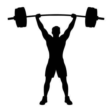 Kaslı bir adamın siyah bir silueti ağır bir halteri yukarı kaldırırken resmedilir. Adam kolları tamamen yukarı doğru uzanmış, ağırlıkları iki tarafında tutarak ayakta duruyor. Bacakları hafifçe ayrık ve şort giyiyor. Görüntü