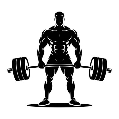 Kaslı bir adamın siyah bir silueti ağırlık plakalarıyla dolu bir halterle duruyor. Şekil oldukça tanımlı, göğüste, karında, kollarında ve bacaklarında şekillendirilmiş kaslar var. Adam atletik ayakkabılar giyiyor ve pozisyonu da... 