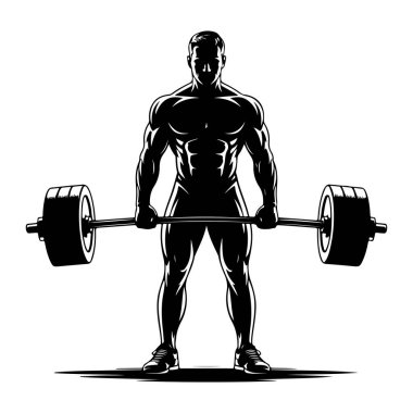 Kaslı bir adamın siyah bir silueti iki tarafında ağırlıkları olan bir halteri tutuyor. Şekil, tanımlanmış kaslarla tasvir edilir ve belden aşağısı spor ayakkabıları giyerek gösterilir. Görüntünün güçlü bir kontrastı ve katıksız, grafik tarzı vardır.
