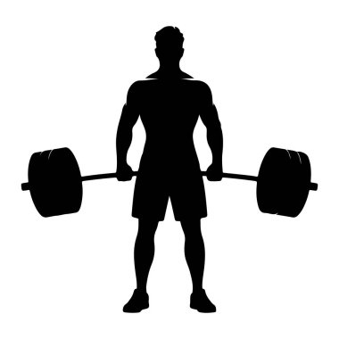 Kaslı bir adamın siyah bir silueti her iki ucunda ağırlık olan bir halteri tutuyor. Adam şort ve spor ayakkabısı giyiyor. Arkaplan beyaz.