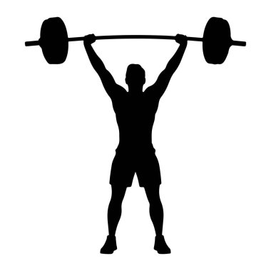 Kaslı bir adamın siyah silueti belden yukarısına iki eliyle bir halter tutarak tasvir edilir. Halterin iki ucunda da ağırlık var. Adam şort ve spor ayakkabısı giyiyor. Arkaplan düz beyaz.