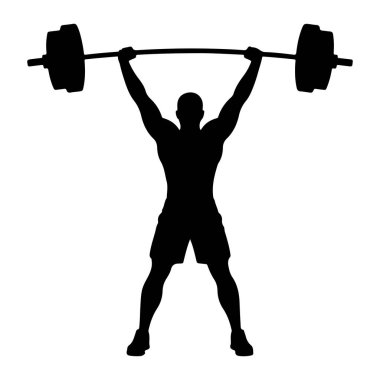Kaslı bir adamın siyah bir silueti başının üzerine ağır bir halteri kaldırırken resmedilir. Adam bacakları açık ve kolları tamamen açık duruyor, halteri güvenli bir şekilde tutuyor. Halterin iki ucunda da ağırlık var. Siluet...
