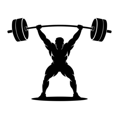 Kaslı bir adamın siyah bir silueti ağır bir halteri yukarı kaldırırken resmedilir. Adamın vücudu güçlü bir yapıda, kollarında, göğsünde ve bacaklarında belirgin kasları var. Bacakları açık duruyor, ağırlığı destekliyor. Halter.