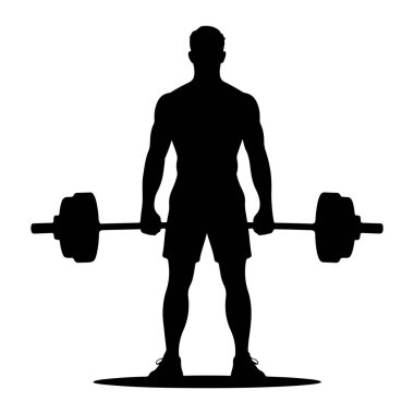 Kaslı bir adamın siyah bir silueti ağırlık yüklü bir halterle duruyor. Halteri iki eliyle tutuyor, vücudunun önünde, kaldırmaya hazır. Adam şort ve spor ayakkabısı giyiyor. Arkaplan düz beyaz.