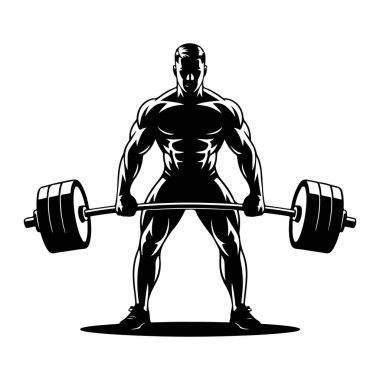 Elinde ağır bir halter tutan kaslı bir adamın siyah silueti. Adam güçlü bir duruşta tasvir edilmiş, tanımlanmış kas yapısını sergiliyor. Halterin her iki tarafında da büyük ağırlık plakaları var. Görüntü katıksız bir b ile oluşturulmuştur