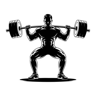 Halter çökerken kaslı bir adamın siyah beyaz çizimi. Adamın silueti beyaz bir arka planda, güçlü bir tanımla kas yapısını vurguluyor. Sırtının üst kısmında dizleriyle ağır bir halter tutuyor.