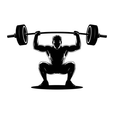 Çömelmiş vaziyette duran kaslı bir adamın siyah silueti, iki eliyle halteri yukarıda tutuyor. Halterin her iki ucunda büyük ağırlık plakaları var. Şekil güçlü, tanımlanmış kaslarla tasvir edilir ve düz beyaz bir arkaplan üzerine kurulur..