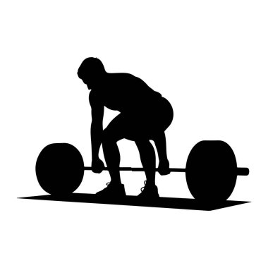 Ağırlık plakalarıyla dolu bir halteri tutan, çömelmiş vaziyette duran kaslı birinin siyah silueti. Şekil düz bir yüzeyde, altında bir gölge var. Arka plan tamamen beyaz..