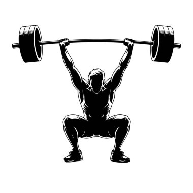 Çömelme pozisyonundaki kaslı bir adamın siyah silueti ağır bir halteri kaldırır. Adamın vücudu güçlü kas yapısıyla tanımlanır ve atletik ayakkabılar giyer. Halterin her iki ucunda büyük dairesel ağırlıklar vardır. Görüntü çok net.