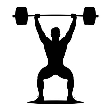 Çömelmiş vaziyette duran kaslı bir kişinin siyah silueti, kollarını uzatarak bir halteri yukarıda tutuyor. Şekil, ağırlık kaldırmanın biçimini ve eylemini vurgulayan beyaz bir arkaplan üzerine resmedilmiştir. Halterin dairesel ağırlıkları vardır. 