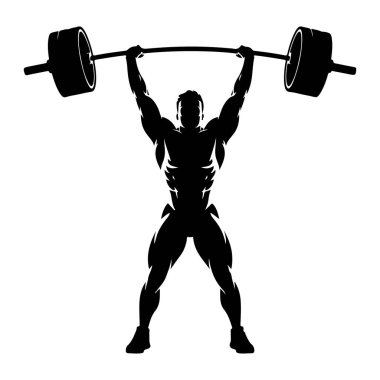 Kaslı bir adamın siyah bir silueti ağır bir halteri yukarı kaldırırken resmedilir. Adamın belirgin kasları var. Karın kasları, göğüs ve kollar dahil. Bacakları ayrık ve atletik ayakkabılar giyiyor. Halterin büyük bir ağırlığı var.