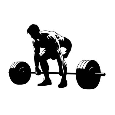 Atletik giysili kaslı bir adamın siyah silueti yan taraftan gösteriliyor, ağırlık plakalarıyla dolu ağır bir halteri tutmak için eğiliyor. Kasları açıkça belirlenmiş, yaklaşan asansörün gerginliğini gösteriyor. Arka plan bembeyaz.