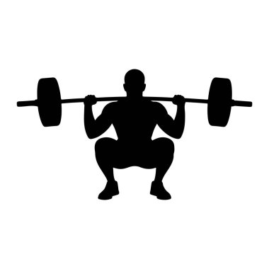 Kas yığını bir adamın siyah silueti halterde çömeliyor. Adam, halter sırtında ve omuzlarında dinlenirken derin bir çömelme yerinde duruyor. Kolları bükük, halteri tutuyor, ve bacakları dizleri ve kalçaları bükük. Şey...